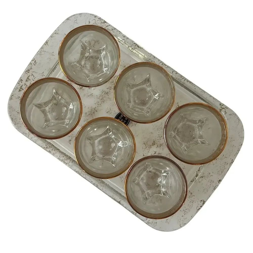 Lorren Home Trends Lorenzo Gold Band Shot Glass Set 6 with Tray Made in Italy